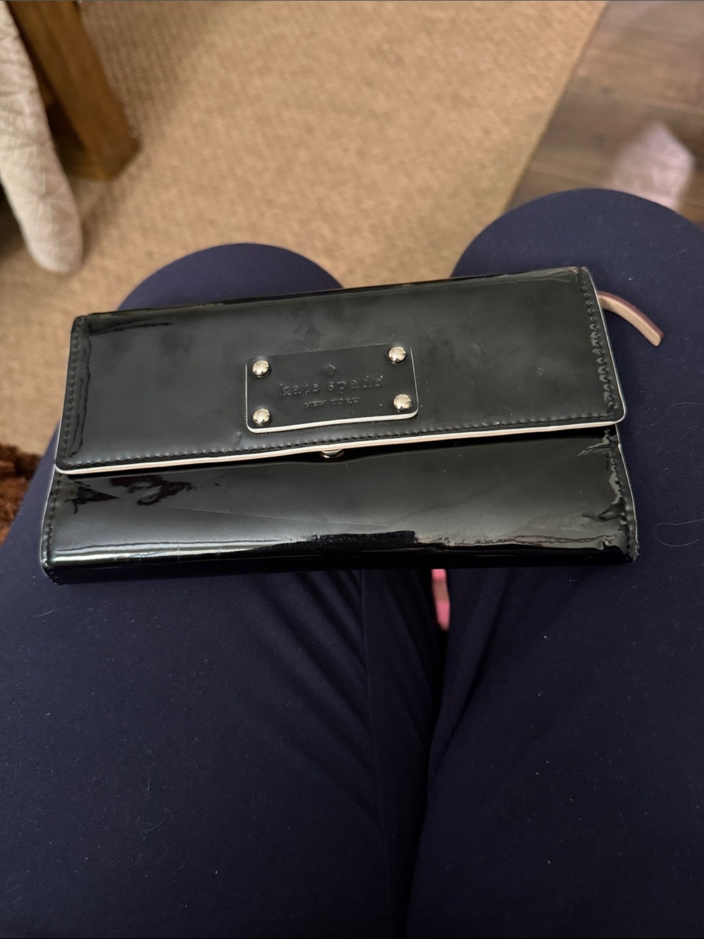 kate spade Black Patent Leather Flap Wallet with Logo Plaque